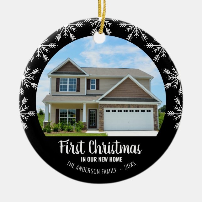 First Christmas in our New Home Photo Black Ceramic Ornament (Front)