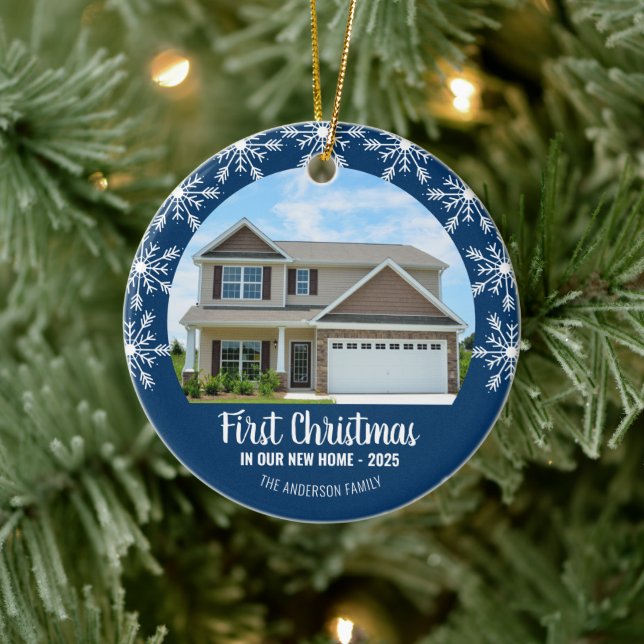 First Christmas in our New Home Photo Blue Ceramic Ornament (Tree)