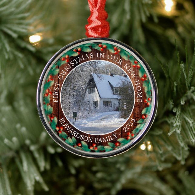 First Christmas in our new home photo family Metal Ornament (Tree)