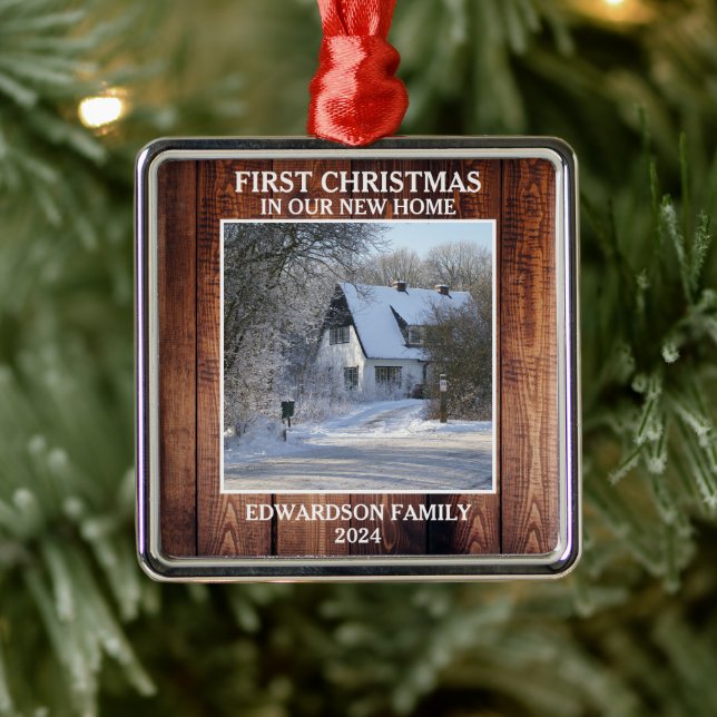 First Christmas in our new Home photo family name  Metal Ornament (Tree)