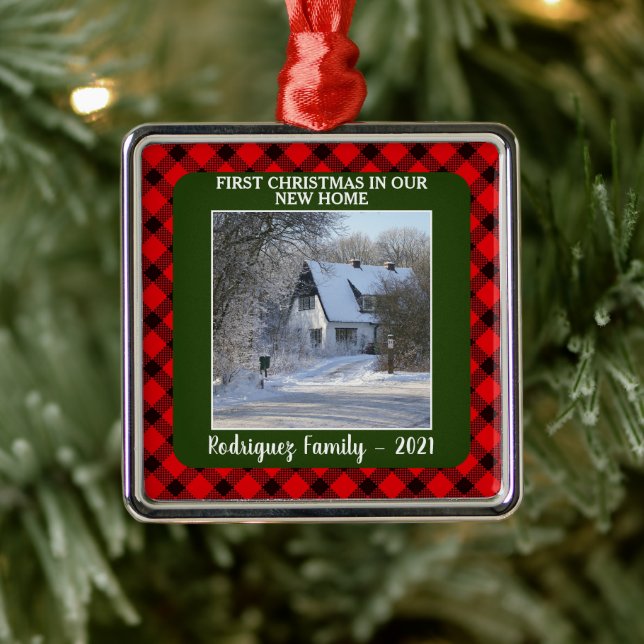 First Christmas in our new Home photo family name Metal Ornament (Tree)