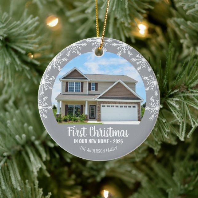 First Christmas in our New Home Photo Grey Ceramic Ornament (Tree)
