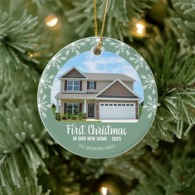 First Christmas in our New Home Photo Light Green Ceramic Ornament (Tree)