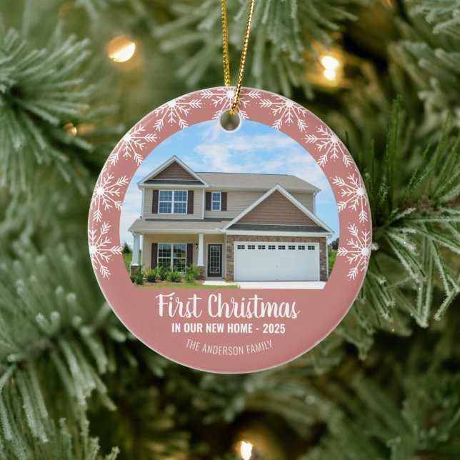 First Christmas in our New Home Photo Rose Gold Ceramic Ornament (Tree)