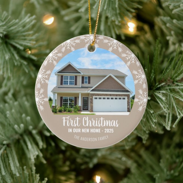 First Christmas in our New Home Photo Tan Ceramic Ornament (Tree)