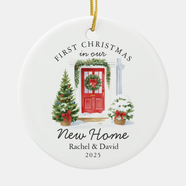 First Christmas in Our New Home - Red Door Ceramic Ornament (Front)