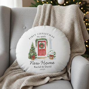 First Christmas in Our New Home – Red Door  Round Cushion