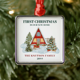 First Christmas In Our New Home Snowy Boho Chic Metal Ornament
