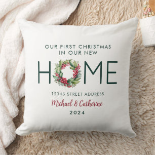 First Christmas in our New Home Watercolor Wreath Cushion