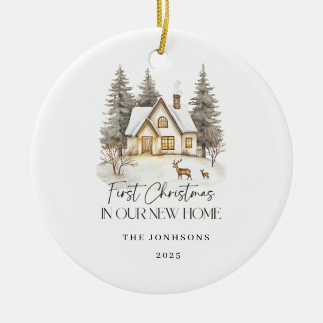 First Christmas in Our New Home Winter View Ceramic Ornament (Front)