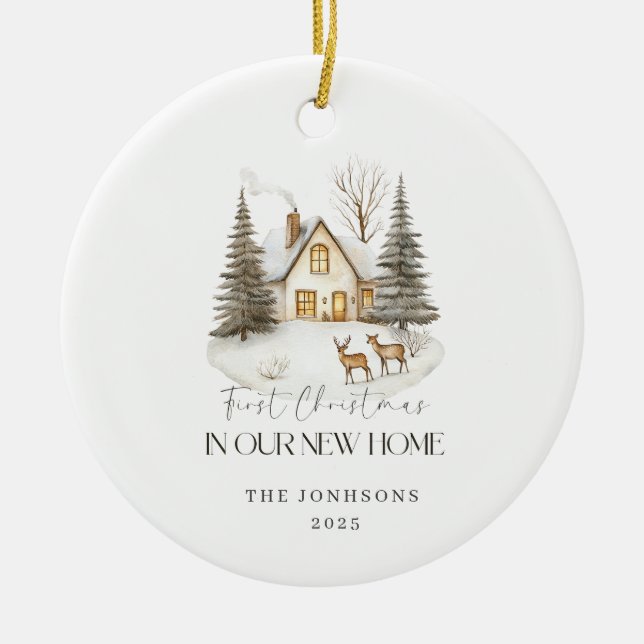 First Christmas in Our New Home Winter View Ceramic Ornament (Front)