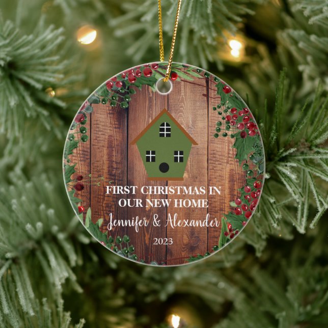 First Christmas in our new Home wood birdhouse Ceramic Ornament (Tree)