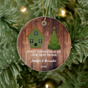 First Christmas in our new Home wood birdhouse Ceramic Ornament
