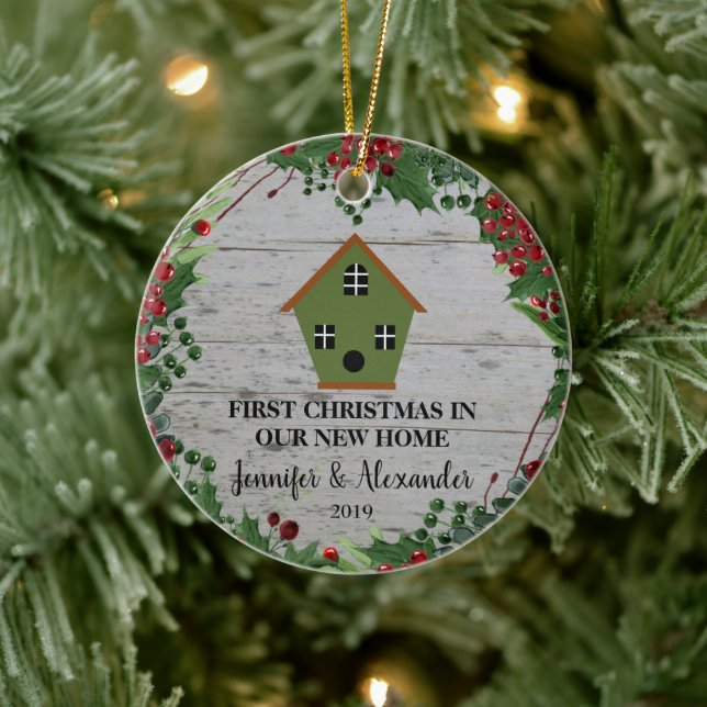First Christmas in our new Home wood birdhouse Ceramic Ornament (Tree)