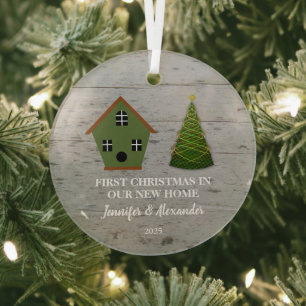 First Christmas in our new Home wood birdhouse Glass Tree Decoration