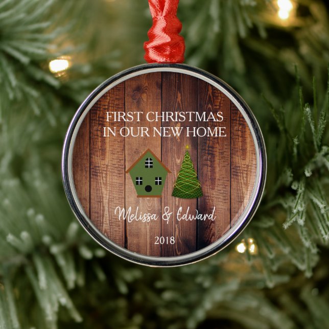 First Christmas in our new Home wood birdhouse Metal Ornament (Tree)