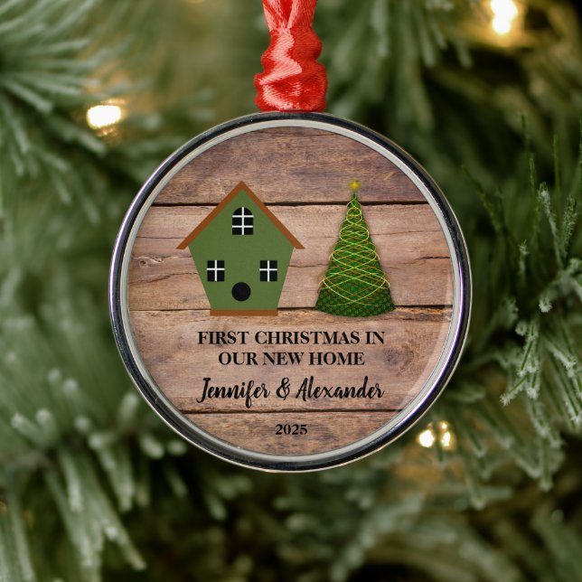 First Christmas in our new Home wood birdhouse Metal Ornament (Tree)