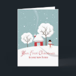 First Christmas in Your New Home with Red House Holiday Card<br><div class="desc">Your First Christmas in Your New Home, paper greeting card with an illustration of a winter snow scene. A red house with smoke, snow covered trees, and a happy snowman are featured on the cover of this Christmas holiday card. Customise the interior of the card as you like before checkout....</div>
