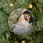 First Christmas Just Married Custom Photo Names Ceramic Ornament<br><div class="desc">Introducing our "Our First Christmas Just Married" Custom Photo Names Ceramic Ornament, a truly special keepsake for the newly Just Married couple. This personalised ornament allows you to commemorate this joyous milestone and add a personal touch to your Christmas tree. The ornament features an elegant script that reads "Just Married,...</div>