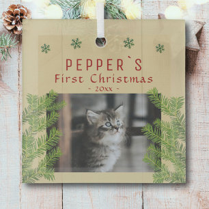 First Christmas Kitten Cat Pine Photo Keepsake Glass Tree Decoration