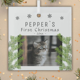 First Christmas Kitten Cat Pine Photo Keepsake Glass Tree Decoration