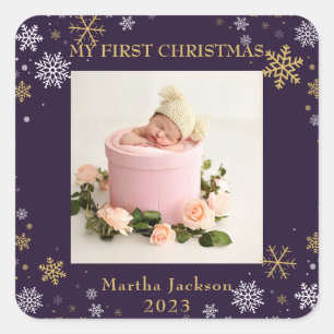 First Christmas Lavender Purple Baby Girl Photo  Square Sticker