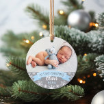 First Christmas Light Blue Baby Boy Photo Ornament<br><div class="desc">"My First Christmas" banner and snowflake border photo ornament design can be personalised with the baby boy's name and birth year. Includes a second photo on the back. Light blue,  grey and white colours.</div>