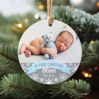 First Christmas Light Blue Baby Boy Photo Ornament