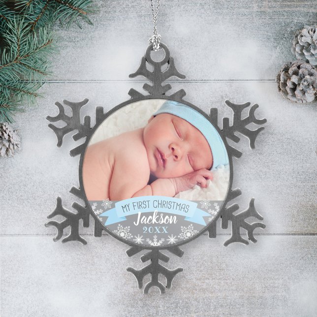 First Christmas Light Blue Baby Boy Photo Snowflake Pewter Christmas Ornament (Creator Uploaded)