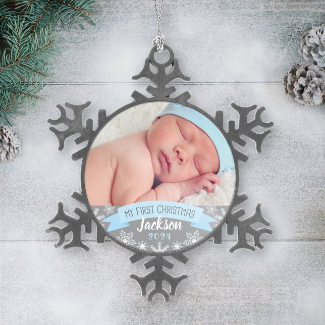 First Christmas Light Blue Baby Boy Photo Snowflake Pewter Christmas Ornament (Creator Uploaded)