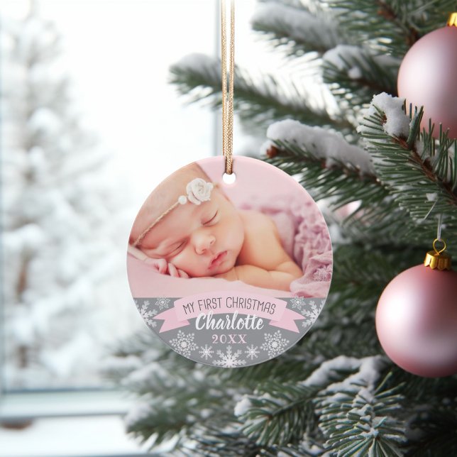 First Christmas Light Pink Baby Girl Photo Ornament (Creator Uploaded)