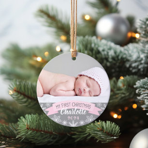 First Christmas Light Pink Baby Girl Photo Ornament