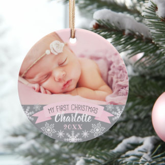 First Christmas Light Pink Baby Girl Photo Ornament