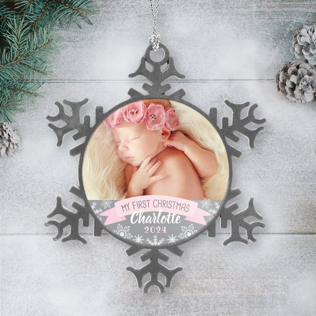 First Christmas Light Pink Baby Girl Photo Snowflake Pewter Christmas Ornament (Creator Uploaded)