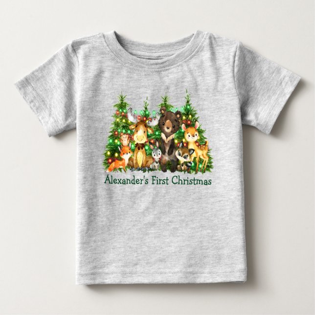 First Christmas Lights Forest Animals Grey Baby T-Shirt (Front)