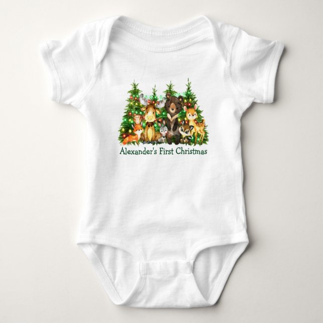 First Christmas Lights Woodland Forest Animals Baby Bodysuit (Front)