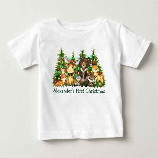First Christmas Lights Woodland Forest Animals Baby T-Shirt (Front)