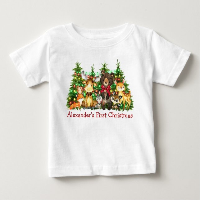 First Christmas Lights Woodland Forest Animals Bow Baby T-Shirt (Front)
