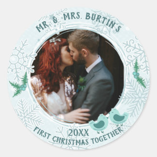 First Christmas Love Birds Couple Custom Picture Classic Round Sticker