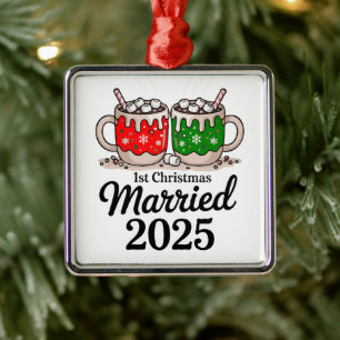 First Christmas Married 2025 Cute Hot Chocolate Metal Ornament