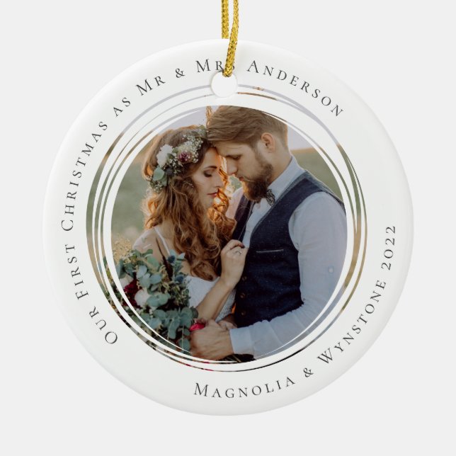 First Christmas Married as Mr & Mrs Photo Ceramic Ornament (Front)