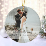 First Christmas Married as Mr. & Mrs. PHOTO Ceramic Ornament<br><div class="desc">Elegant Christmas holiday  photo ornament for first married Mr. and Mrs Name.  Personalise them by adding your name.  Makes a perfect keepsake gift for your spouse (husband or wife)</div>