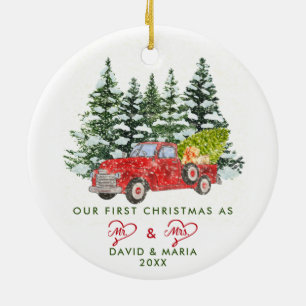 First Christmas Married as Mr. & Mrs. Red Truck Ceramic Ornament