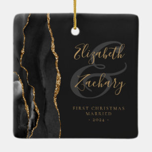 First Christmas Married Black Agate Gold Script Ceramic Ornament