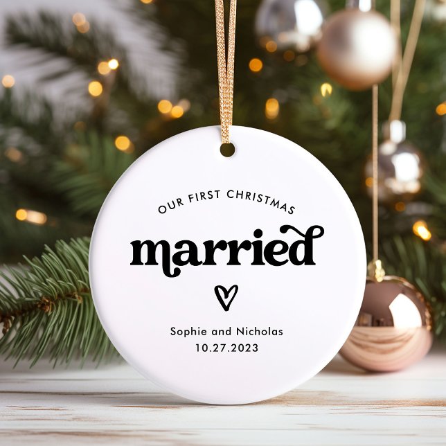 First Christmas Married Black and White with Heart Ceramic Ornament (The perfect holiday keepsake for your first married Christmas)