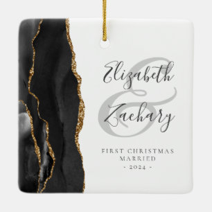 First Christmas Married Black Gold Agate Script Ceramic Ornament