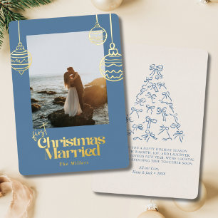 First Christmas Married Blue Bow Wedding Photo Foil Holiday Card