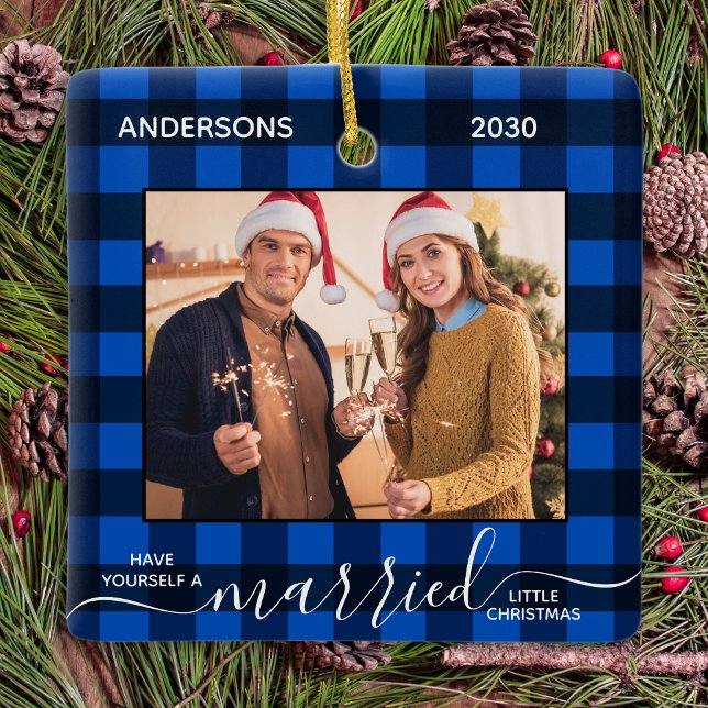 First Christmas Married Blue Plaid Newlywed Photo Ceramic Ornament (Creator Uploaded)