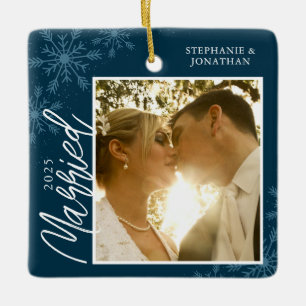 First Christmas Married Blue Snowflakes Photo Ceramic Ornament
