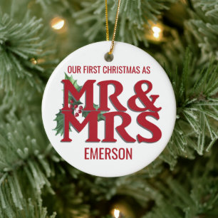 First Christmas Married Bold Typography Mr & Mrs Ceramic Ornament